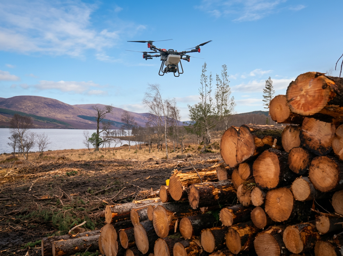 A drone flying above a pile of cut logs in an outdoor landscape with trees, grass, water, and hills in the background.
