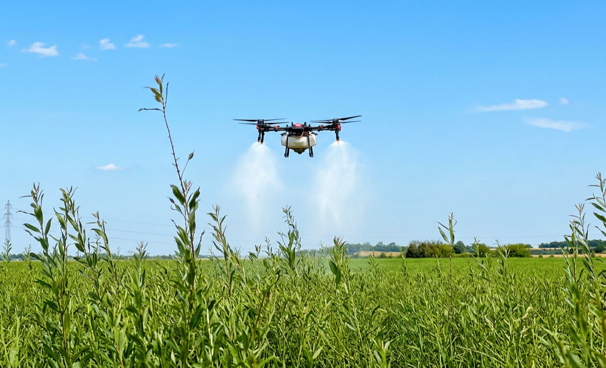 A drone flying over a green field, spraying liquid onto the crops under a blue sky with a few clouds.