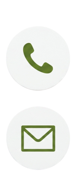 Icons of a phone receiver and an email envelope on white circular backgrounds.
