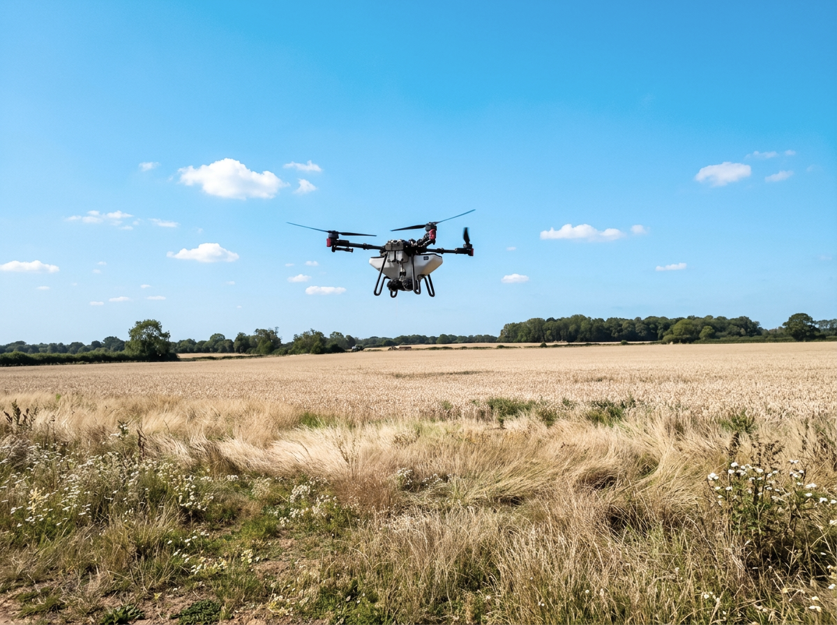 A drone flying over a field of tall grass and crops under a clear blue sky with scattered clouds.