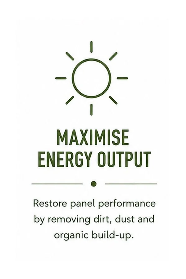 A graphic with a sun icon and the text 'Maximise Energy Output' in bold, green letters, followed by smaller text that says, 'Restore panel performance by removing dirt, dust and organic build-up.'