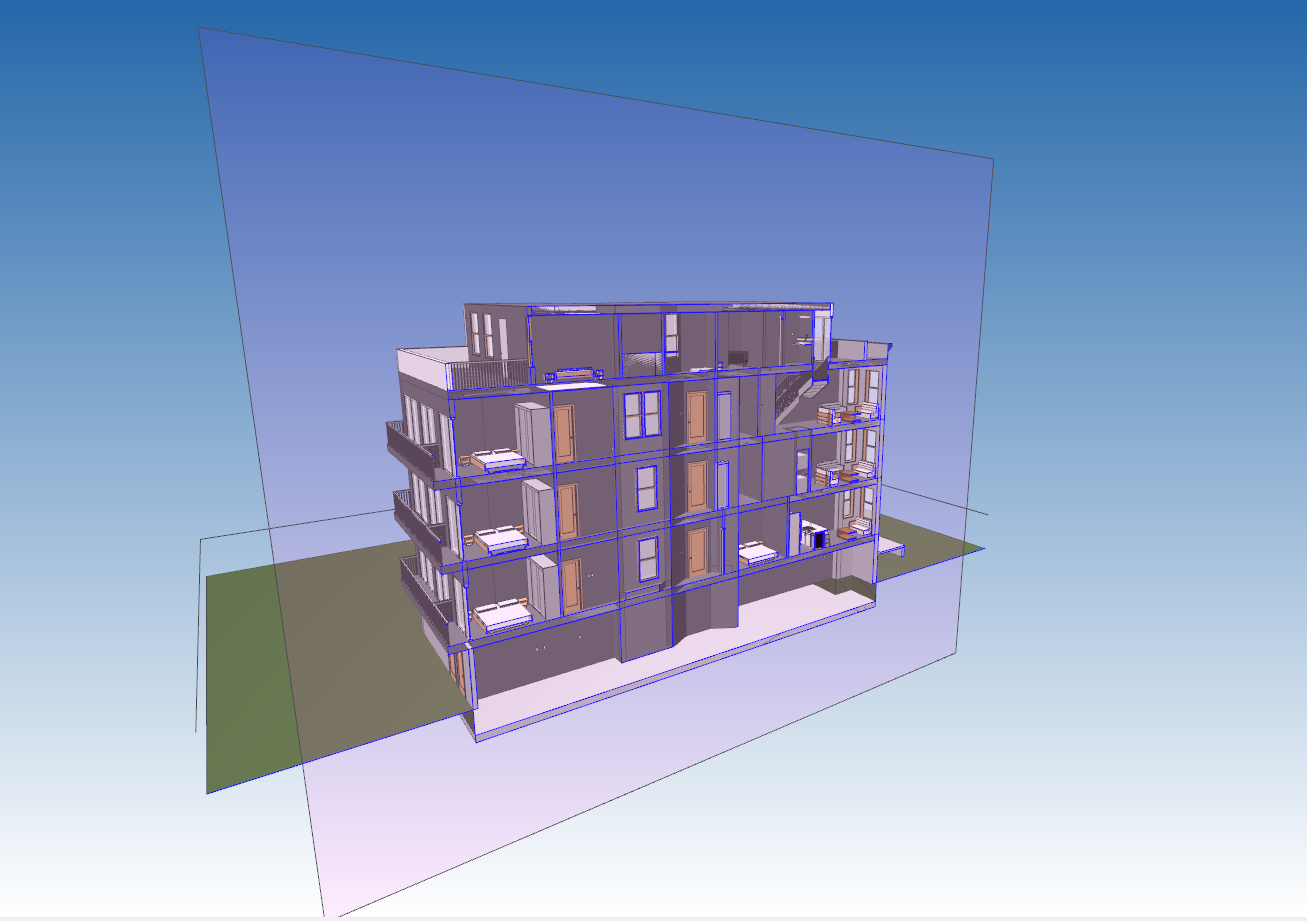 3D IFC model of a multi-storey residential building with a clipping plane revealing interior apartment layouts