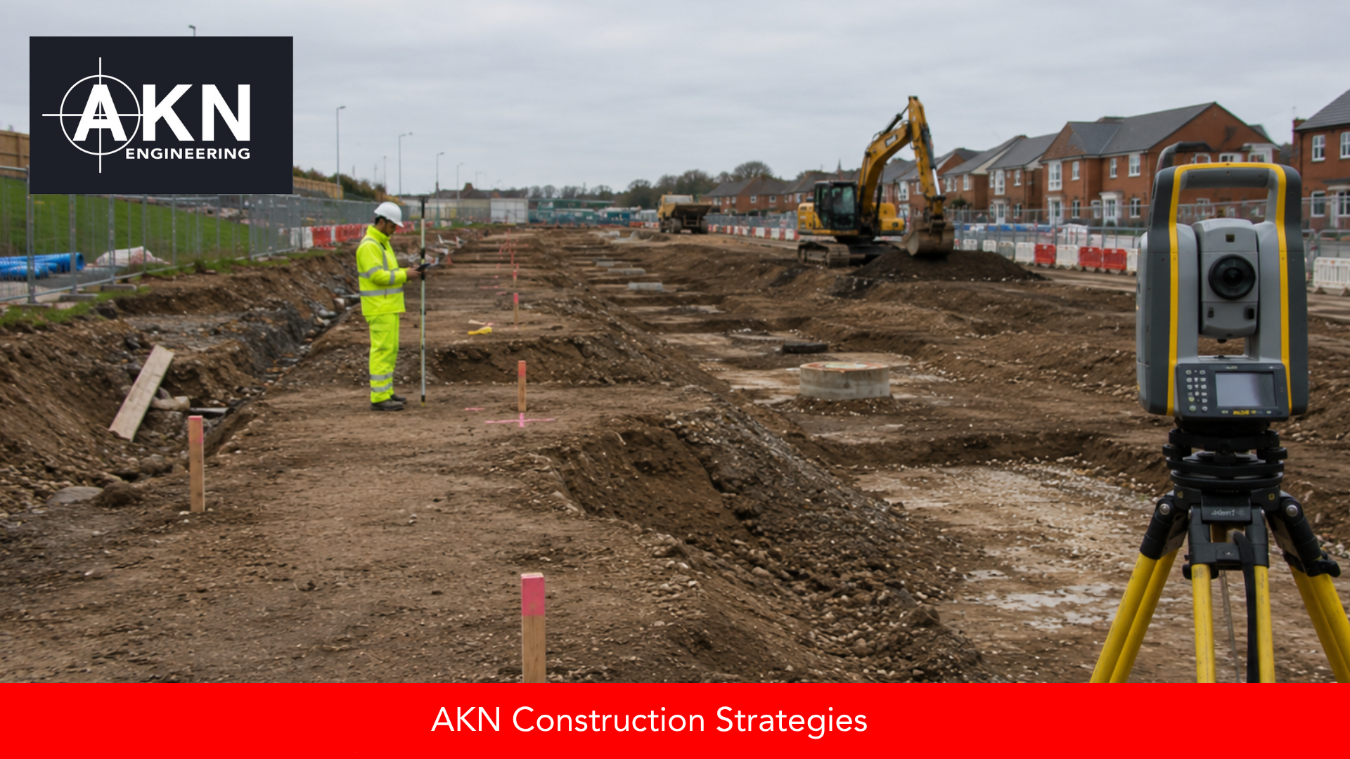 AKN Engineering site engineer in hi-vis PPE on an active UK groundworks programme, with a Trimble total station and excavator visible.