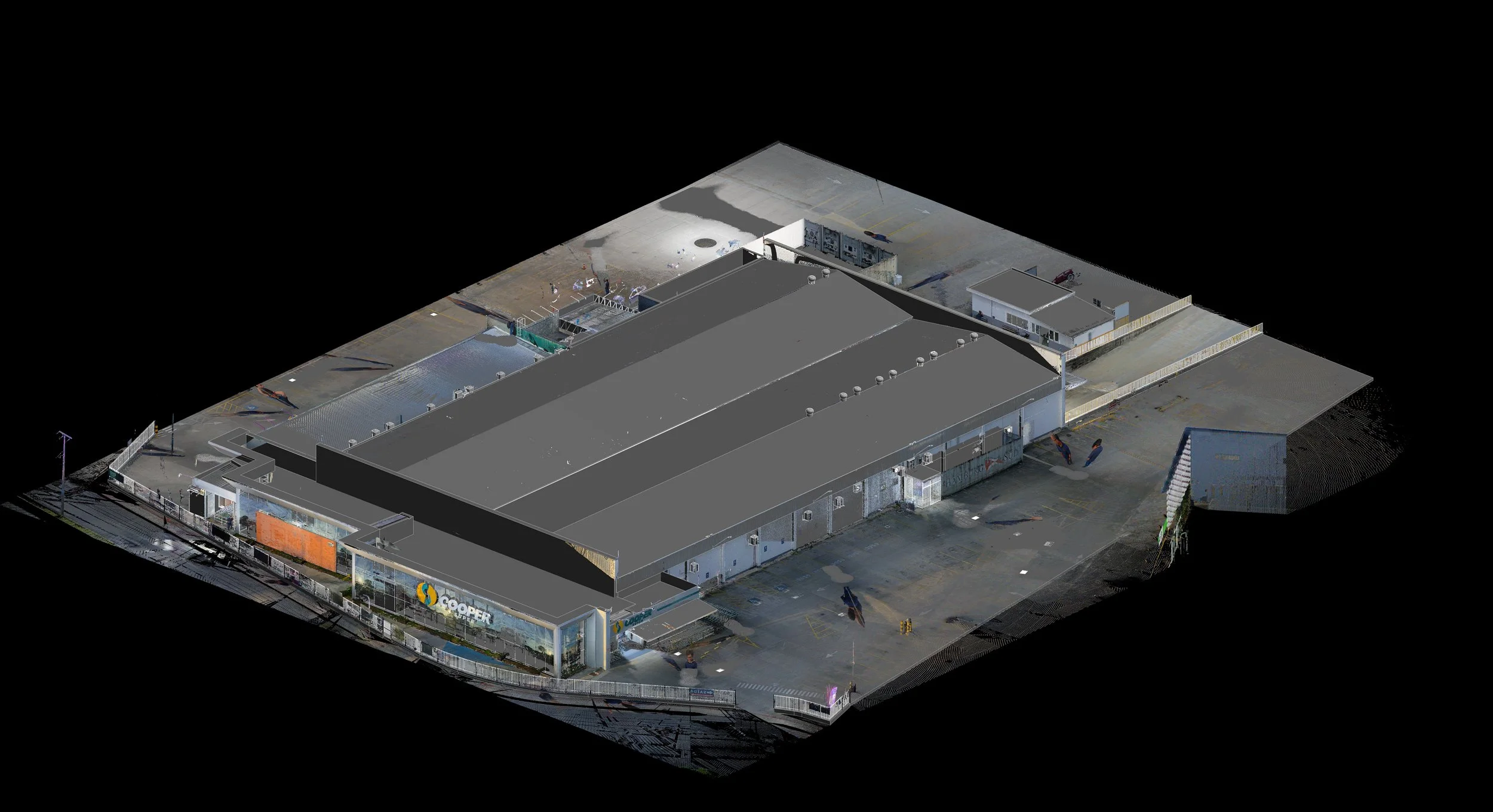 Photorealistic scan to BIM model of a large industrial warehouse with retail frontage and car park