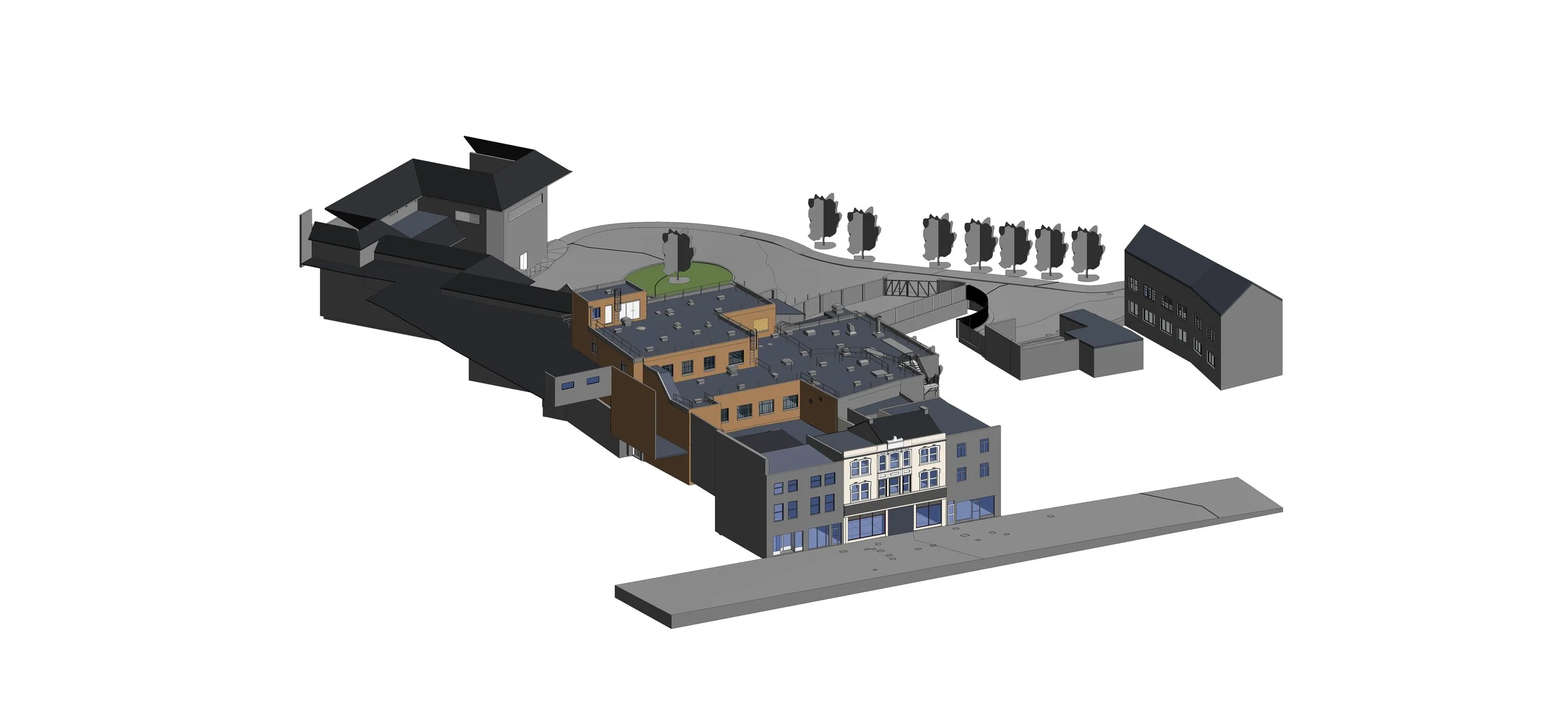 Revit model of a mixed-use street scene with shopfronts, apartments and a pedestrian bridge
