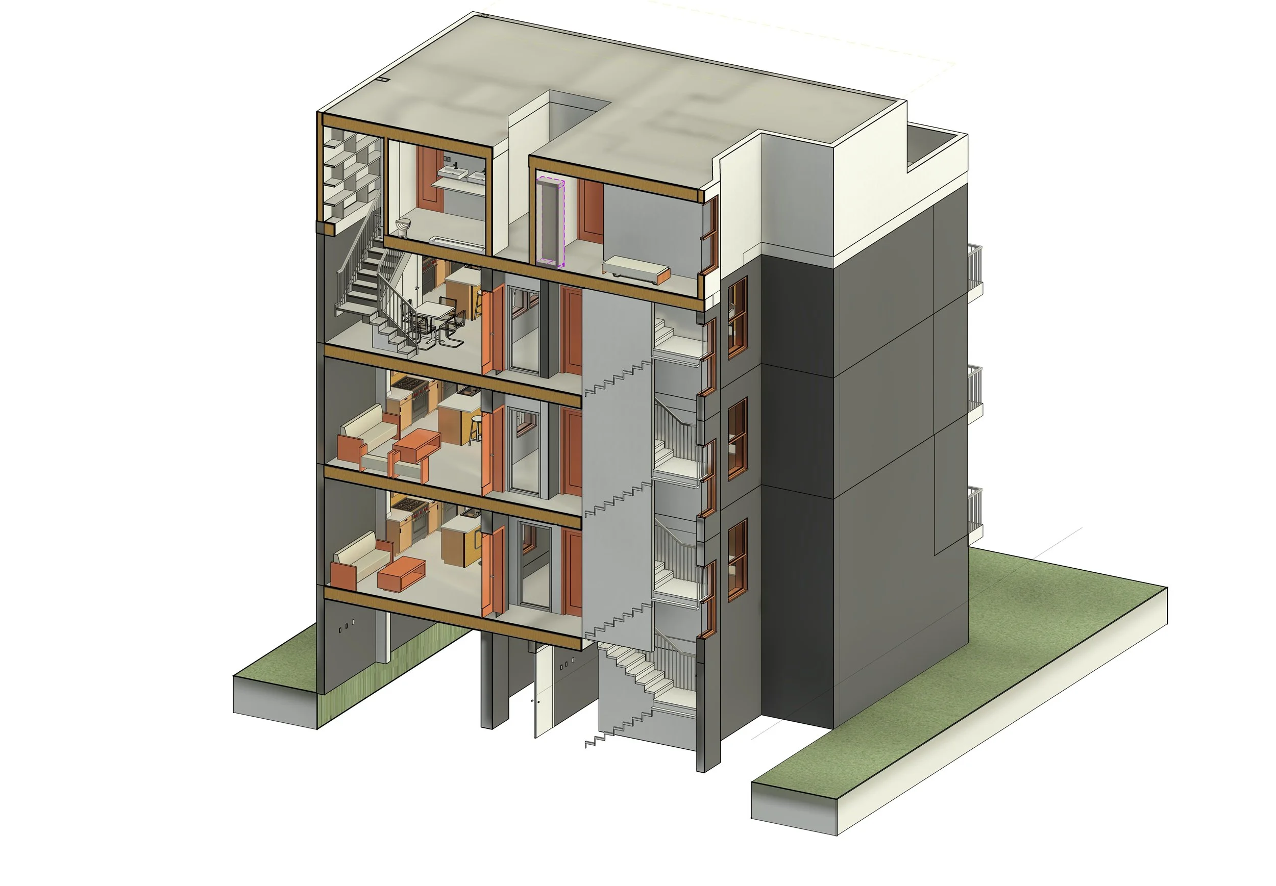 CAD to BIM model of a multi-storey apartment building, cross-section showing furnished interior floors