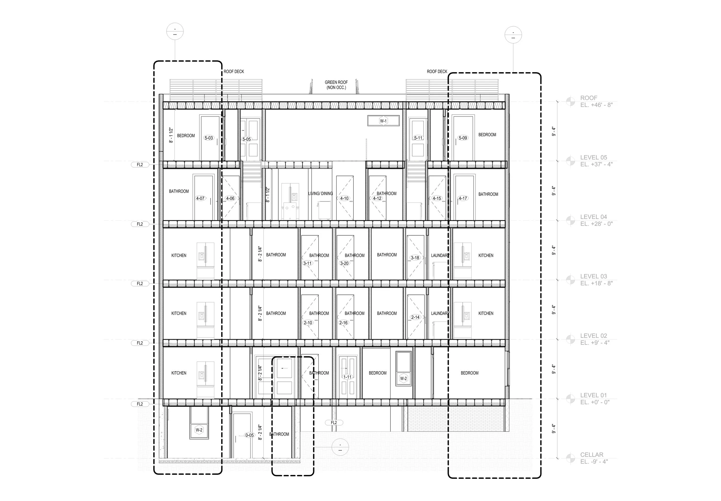 Building section drawing for a planning permission drawings application, showing floor layouts from cellar to roof across six levels