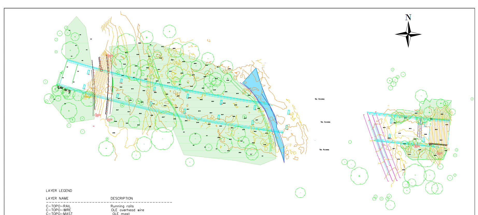 AKN Topo survey drawing with white background and the land area in green with measurements in blue and red and a key at the bottom of the drawing.