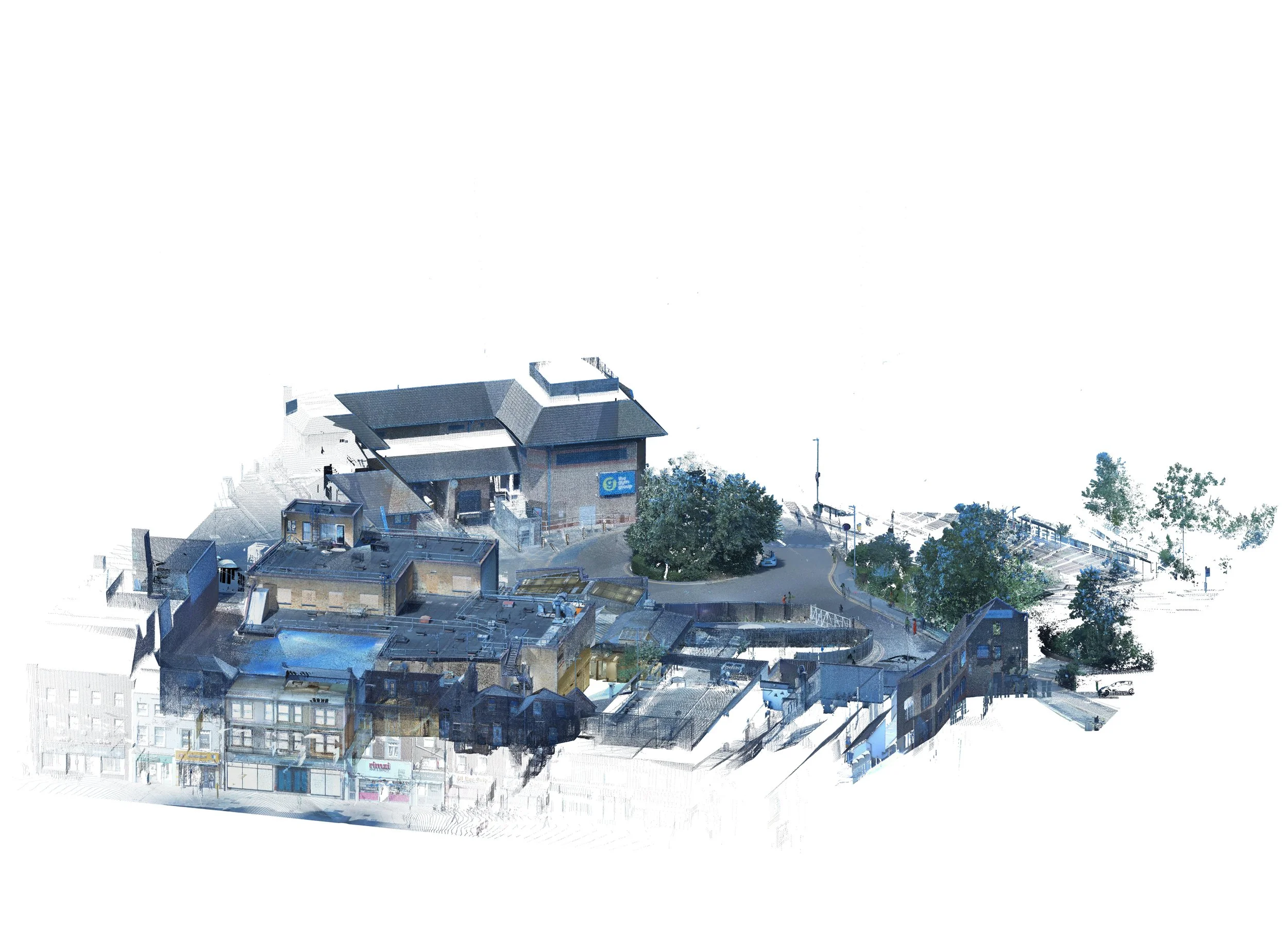 Point cloud data from point cloud processing of a town centre street scene