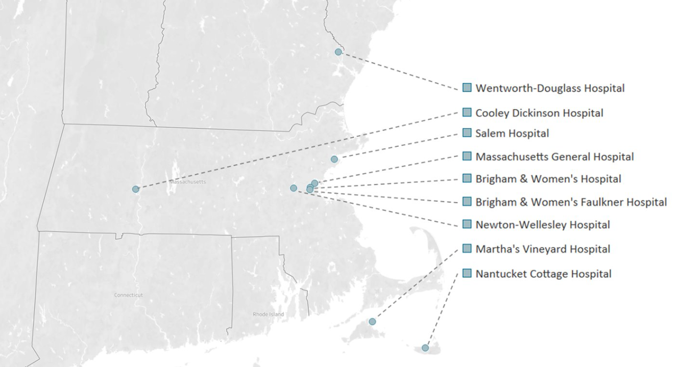 A map of the 9 hospital sites within the Mass General Brigham health system