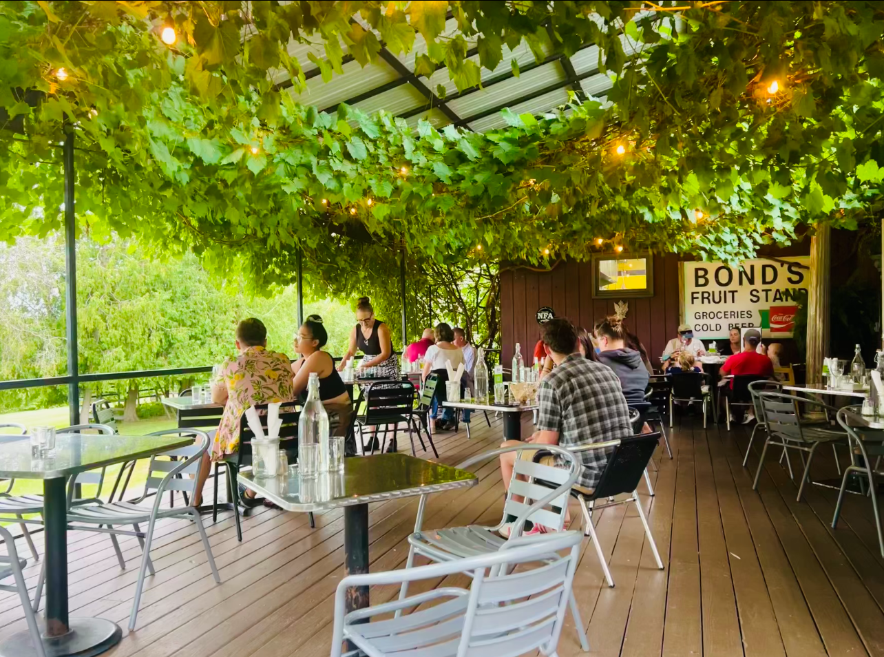 People dining at outdoor patio of Bond's Fruit Stand with green vine-covered overhead and trees in the background.