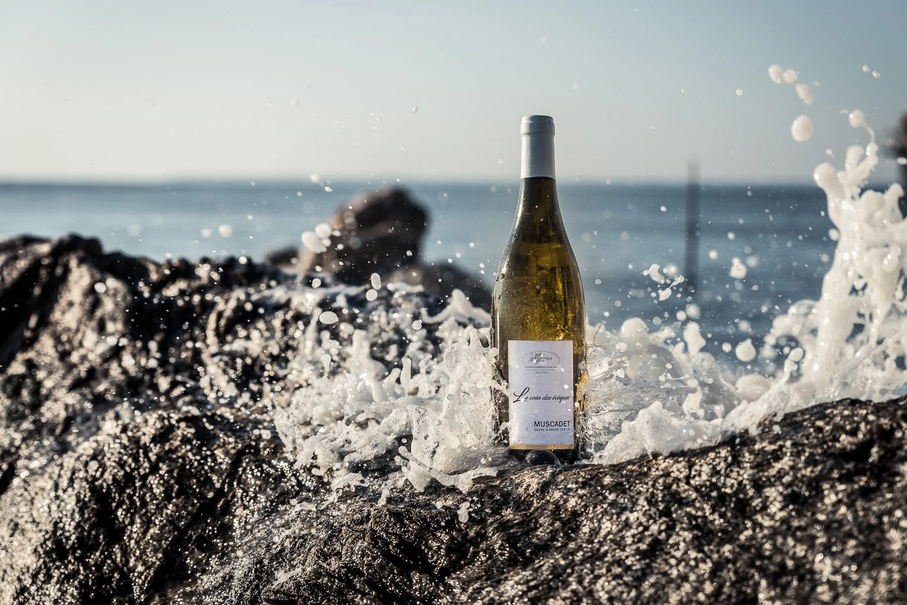 Une bouteille de vin posée sur des rochers à la plage avec des vagues éclaboussant autour et la mer en arrière-plan.