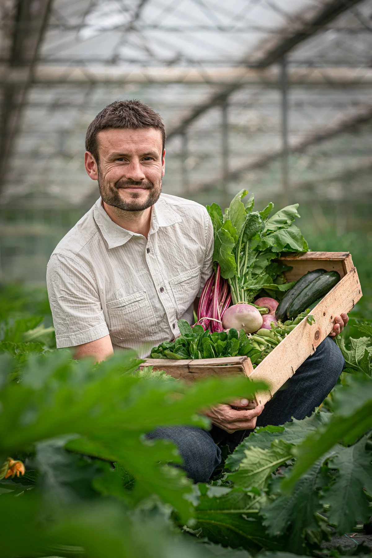 Un homme tenant une caisse de légumes dans une serre