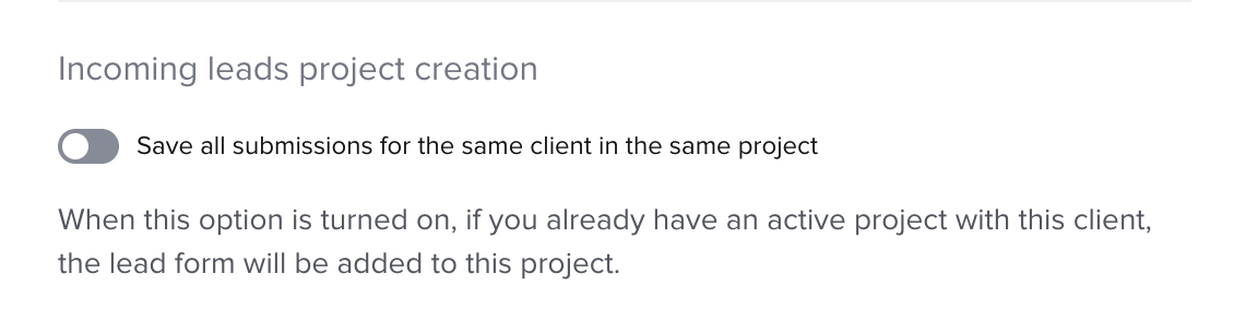 Screenshot of incoming leads project creation  in lead form