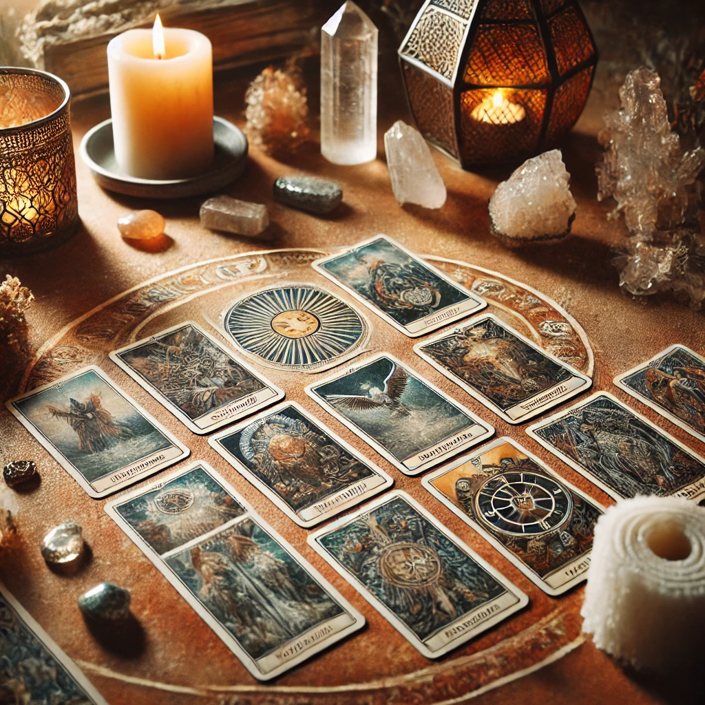 DALL·E 2024-10-09 14.44.58 - A realistic, photo-quality image of a tarot spread. The image features several tarot cards laid out on a table in a traditional spread, with intricate.png
