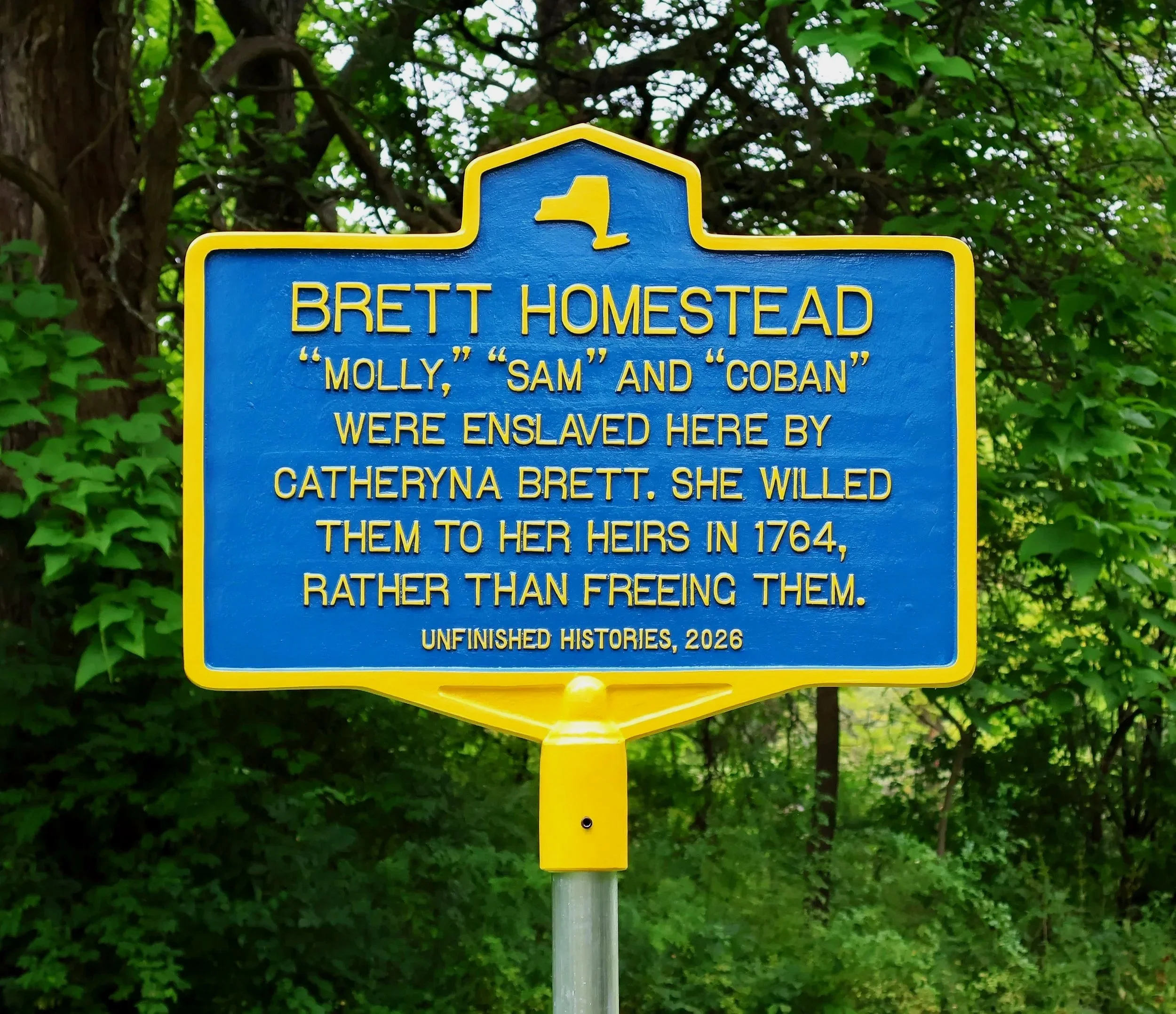New Historical Marker for the Brett Homestead, 2026, cast aluminum, enamel paint, extruded aluminum and stainless steel, 80 in. x 36 in. x 30 in.