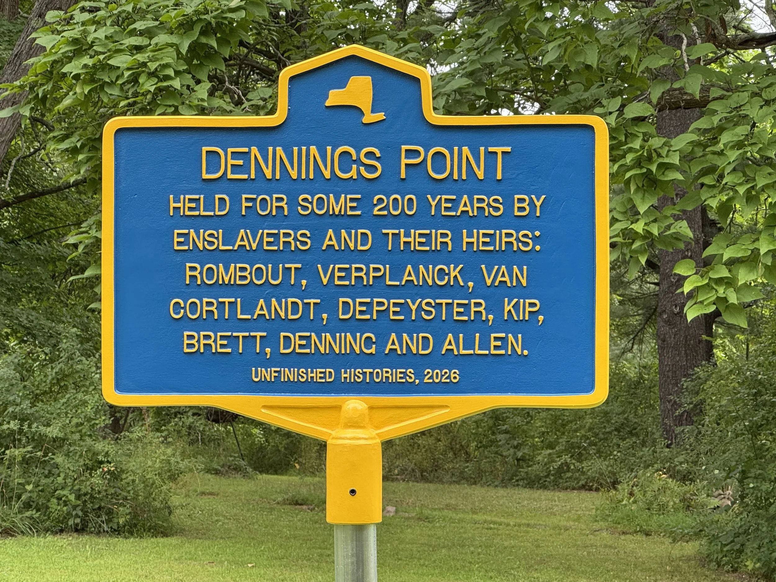 New Historical Marker for Dennings Point, 2026, cast aluminum, enamel paint, extruded aluminum and stainless steel, 80 in. x 36 in. x 30 in.