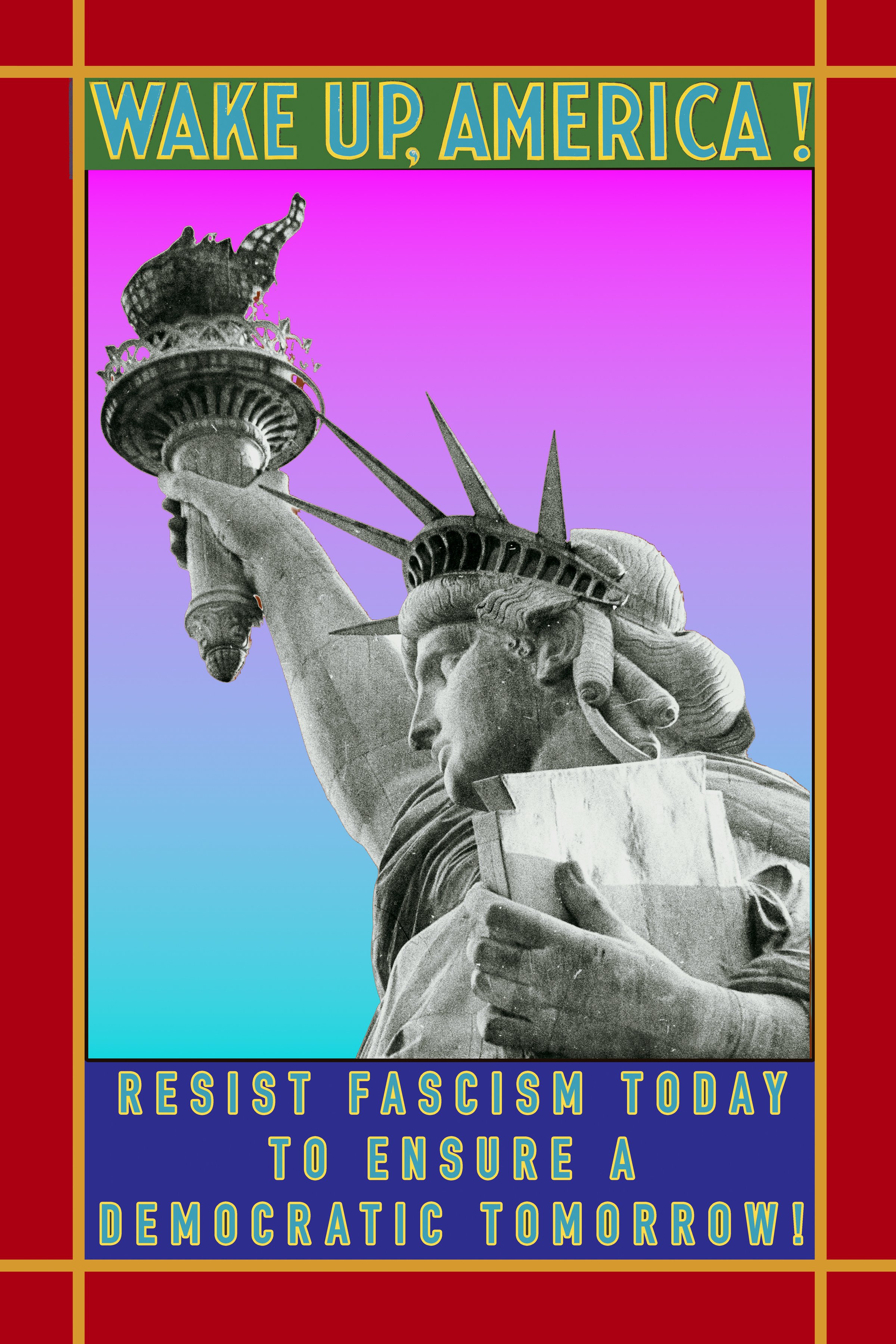 "Wake Up, America! (The Arc of the Moral Universe Is a Rainbow)," 2026, archival pigment print, 24 in. x 16 in., edition of 5.. Based on the poster "Wake Up, America! Civilization Calls Every Man, Woman and Child!" by James Montgomery Flagg, 1917, Li