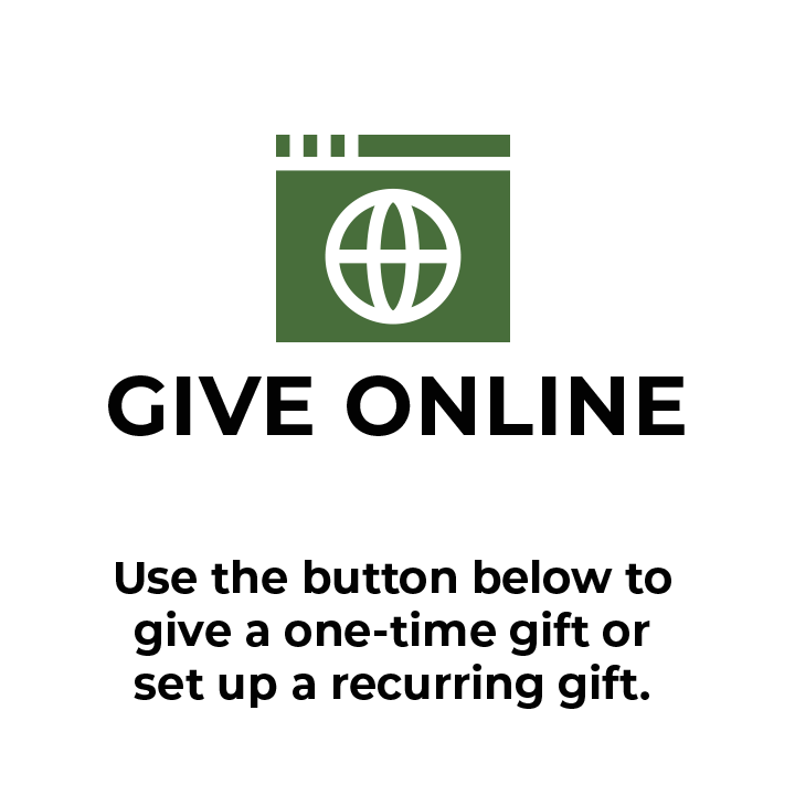 Icon of a web page with a globe on it, above the text "GIVE ONLINE" and instructions to use a button for one-time or recurring gifts.