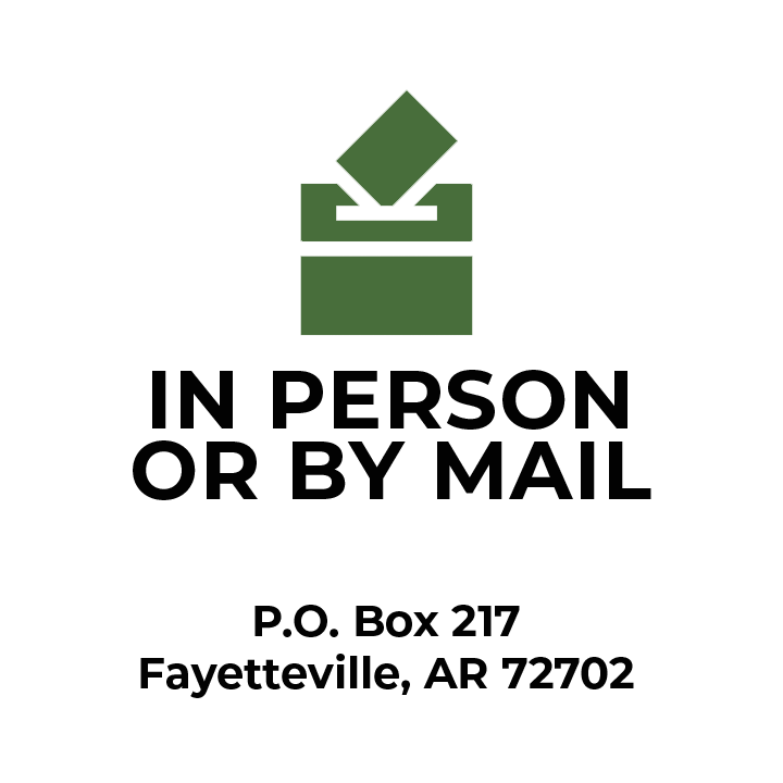 A logo with a green ballot box and a voting ballot above it, and text that reads 'IN PERSON OR BY MAIL' with a mailing address in Fayetteville, Arkansas.