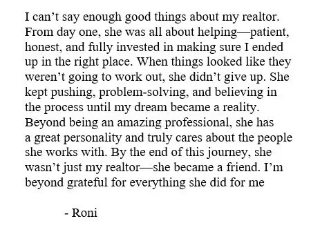 A handwritten letter of appreciation from Roni praising her realtor for being patient, honest, dedicated, problem-solving, and caring, highlighting her professionalism and the positive impact she made.