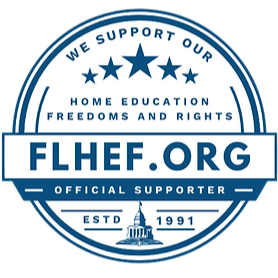 Seal with text expressing support for home education, freedoms, and rights, including stars, the organization's website FLEF.ORG, and foundation year 1991.