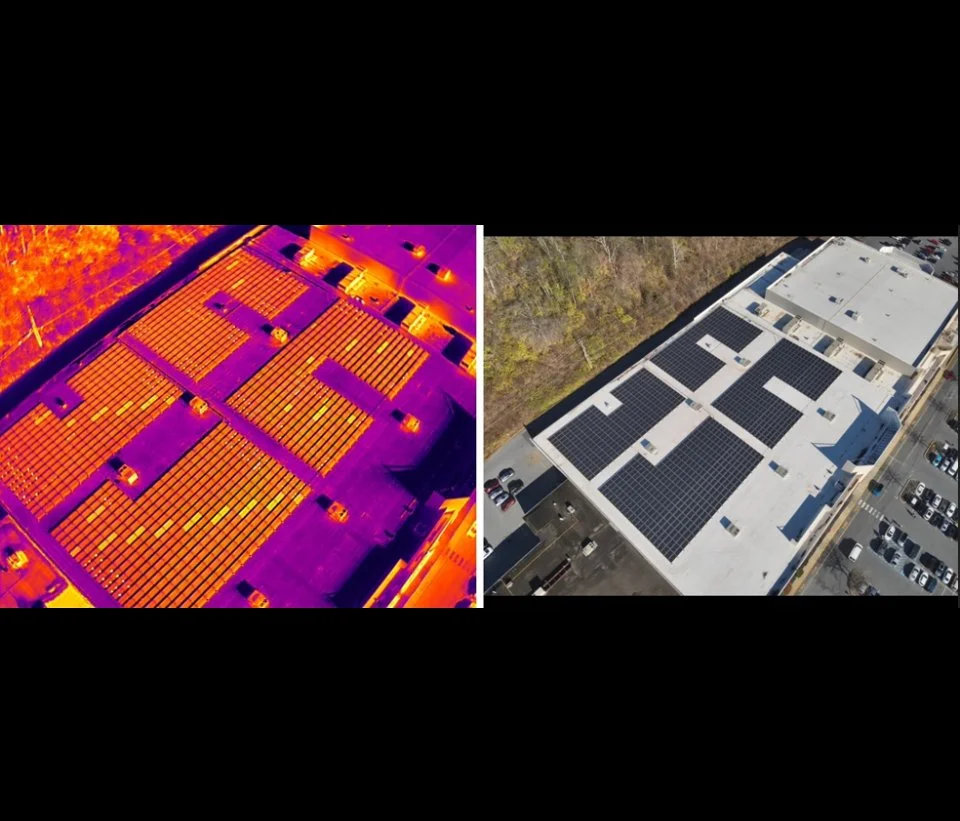Optimizing Solar Performance from Above: Aerial Thermal Inspection in Action
This side-by-side thermal and visual inspection demonstrates the value of drone-based solar monitoring across an entire array. The thermal image (left) provides a comprehens