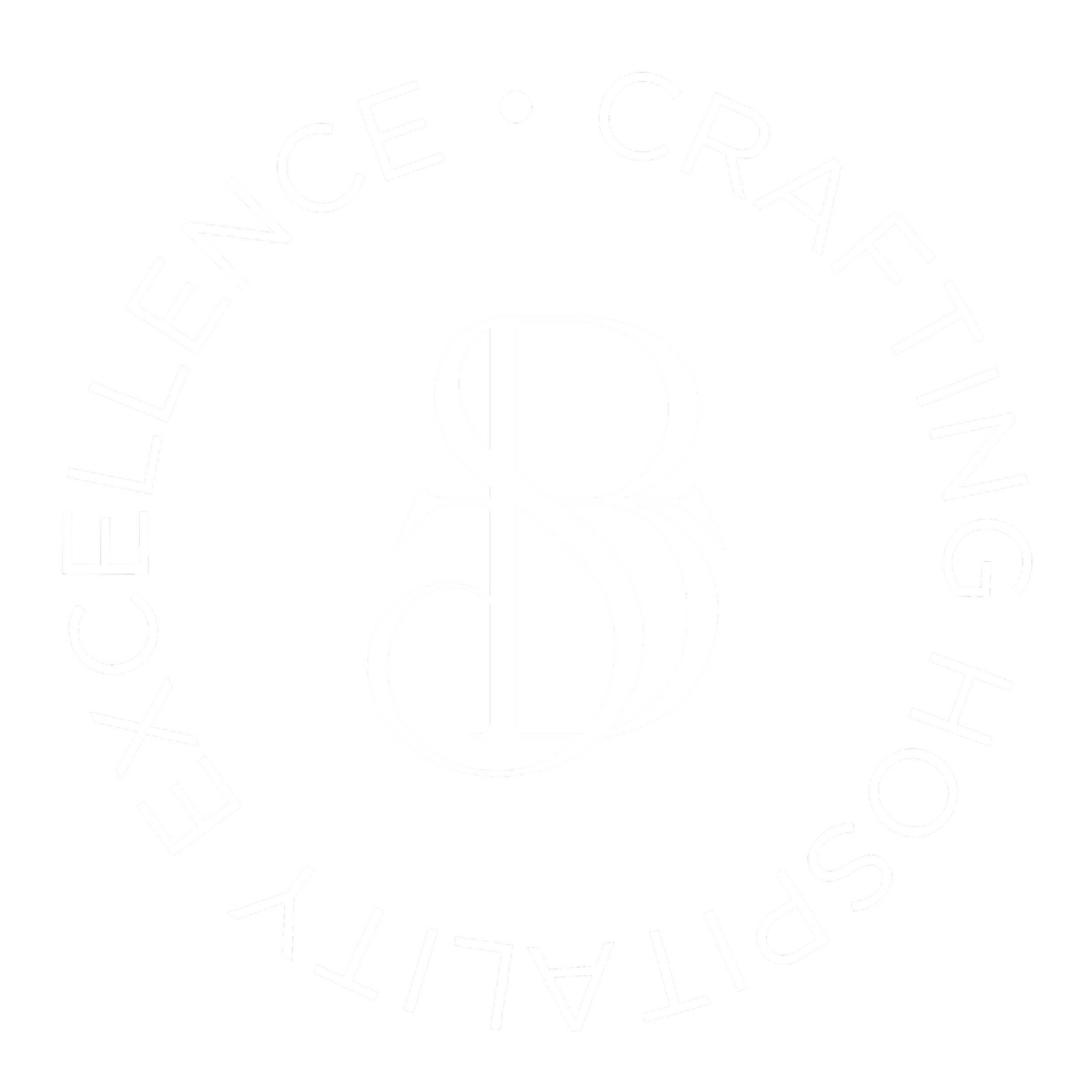 Black logo with white circular text reading 'Experience, Craft, Hospitality, Excellence'