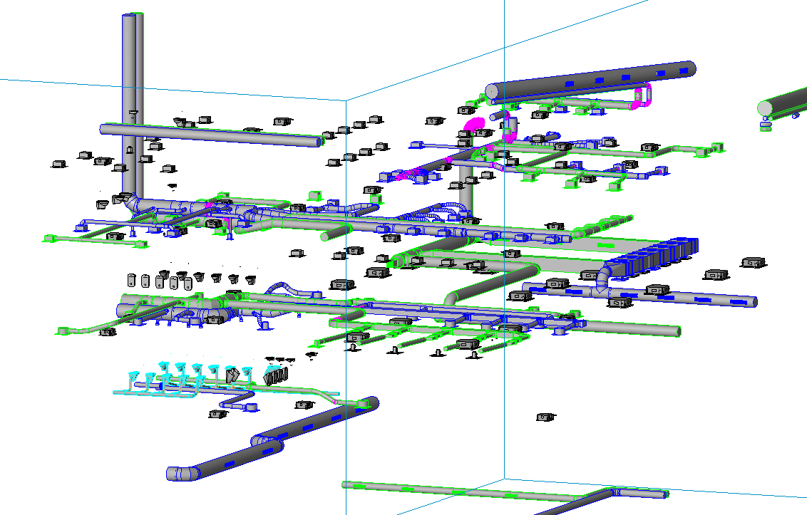 3D BIM model van HVAC en ventilatiesysteem met luchtkanalen, leidingen en technische installaties in gebouw