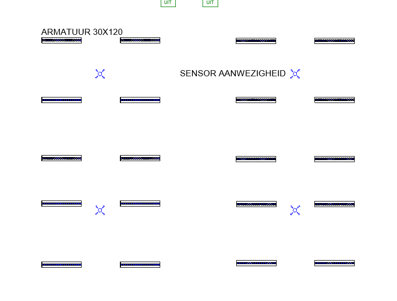 Een technisch schema met de tekst 'ARMATUUR 30X120' en 'SENSOR AANWEZIGHEID', met verschillende lijnen en symbolen die wijzen op een elektrisch of mechanisch systeem.
