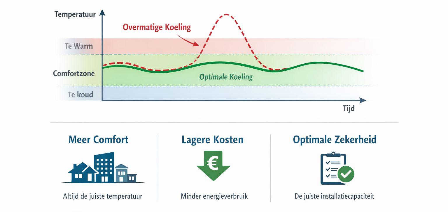 Koellastberekening grafiek met comfortzone, optimale koeling en impact op energieverbruik en installatiecapaciteit