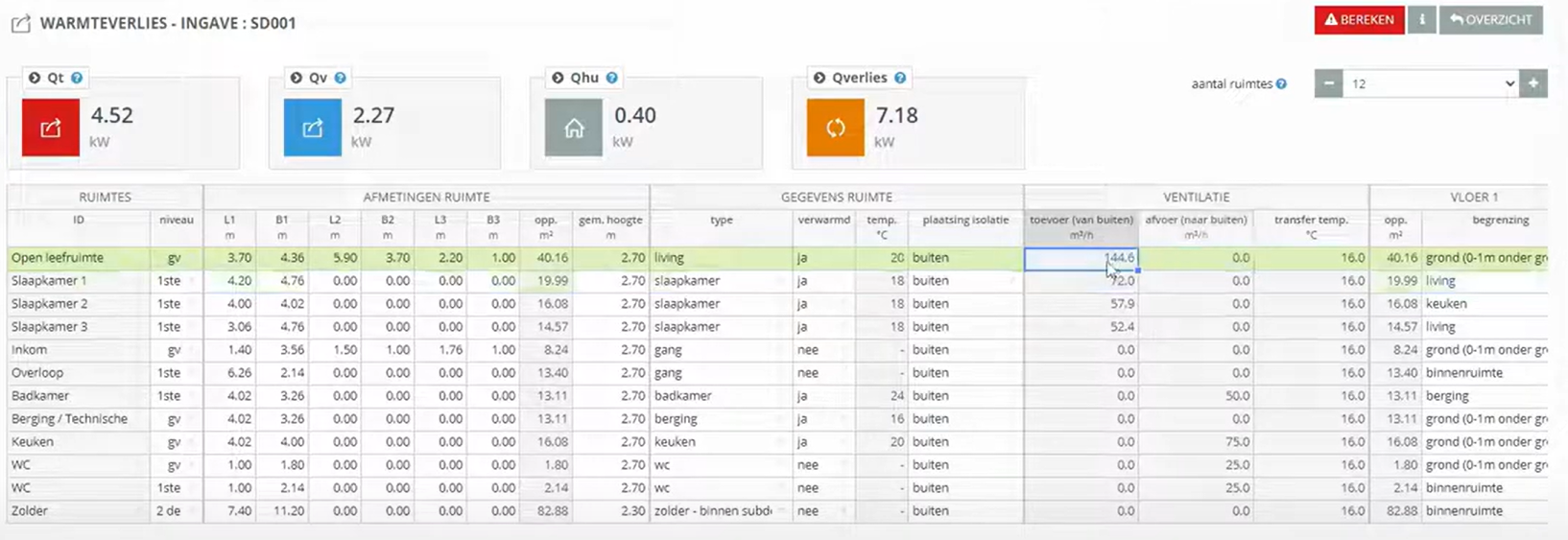 Detail van warmteverliesberekening met transmissieverlies, ventilatie en vermogen per ruimte in HVAC software