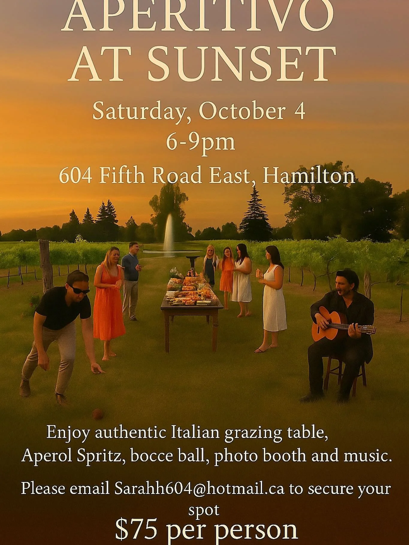 The perfect evening: a vineyard sunset, Aperol spritz in hand, and a grazing board to share. β¨
Join us on Saturday, October 4th, 2025 from 6:00–9:00 PM at Events by the Pond
Enjoy a luxury grazing board, live Italian music, Aperol spritz, bo