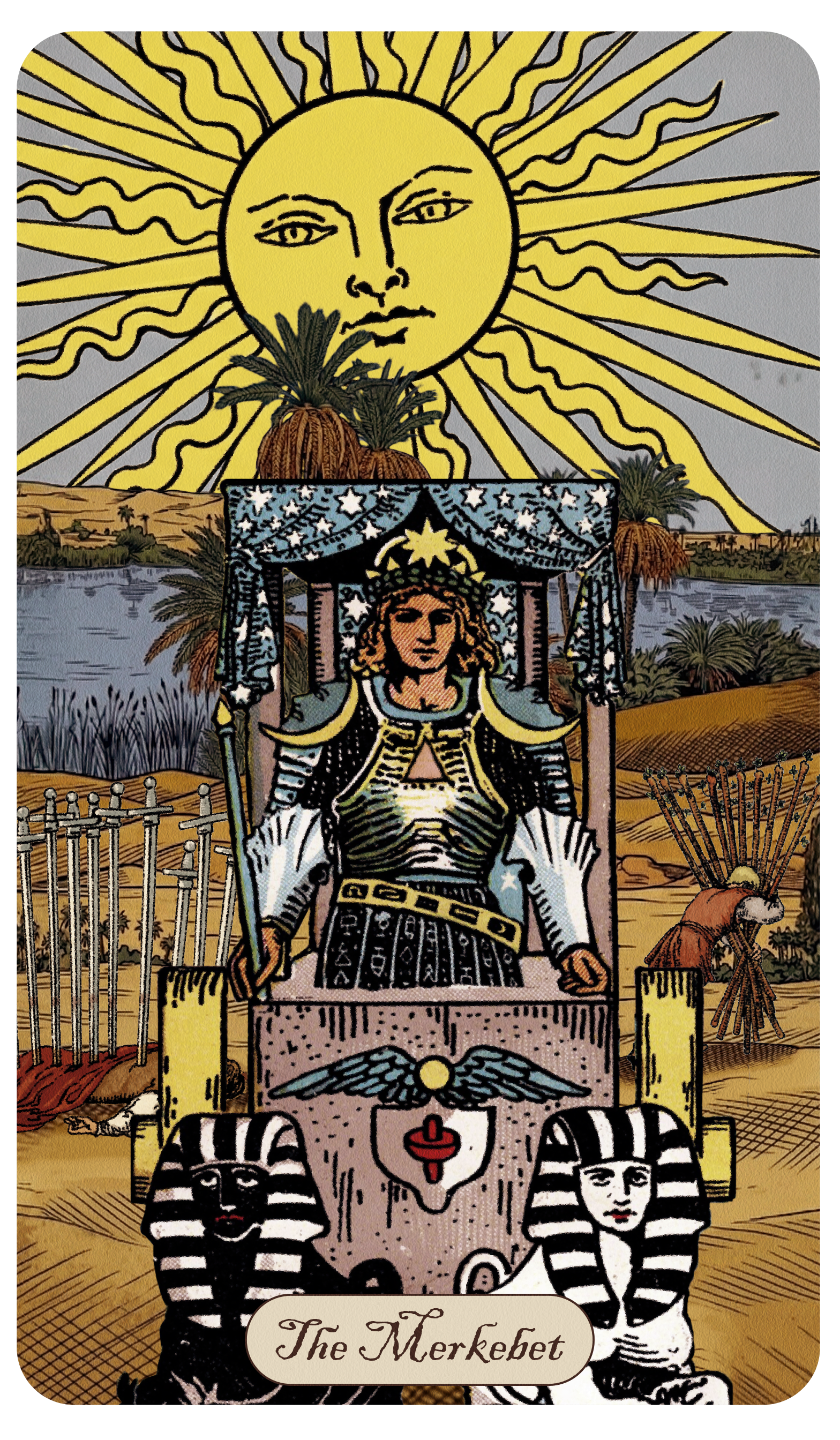 An illustrated tarot card called "The Merkebabt" features a woman in armor sitting on a chariot with winged symbols and a red heart in the center. Two sphinx-like figures with striped faces sit at the front of the chariot. The background shows a river with palm trees and a large sun with a human face shining over the scene.