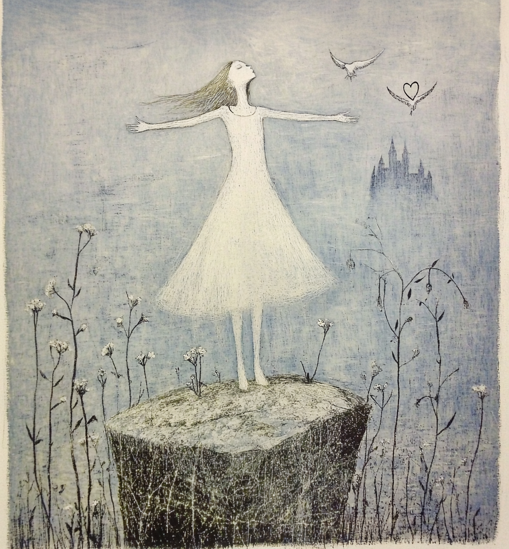 Dromerige illustratie van meisje in een witte jurk dat met gespreide armen op een rots staat, omringd door bloemen en zachte blauwgrijze tinten. Op de achtergrond zijn vogels en een vaag kasteel zichtbaar, wat een serene en troostende sfeer weergeeft