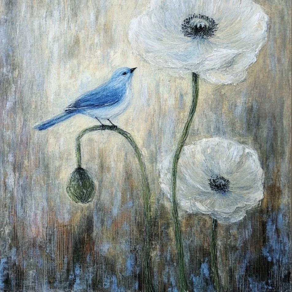 Schilderachtige afbeelding van een blauwe vogel zittend op een tak naast delicate witte bloemen, tegen een zachte, dromerige achtergrond. Het beeld roept een gevoel van rust en troost op, passend bij de sereniteit en het respect van een uitvaart