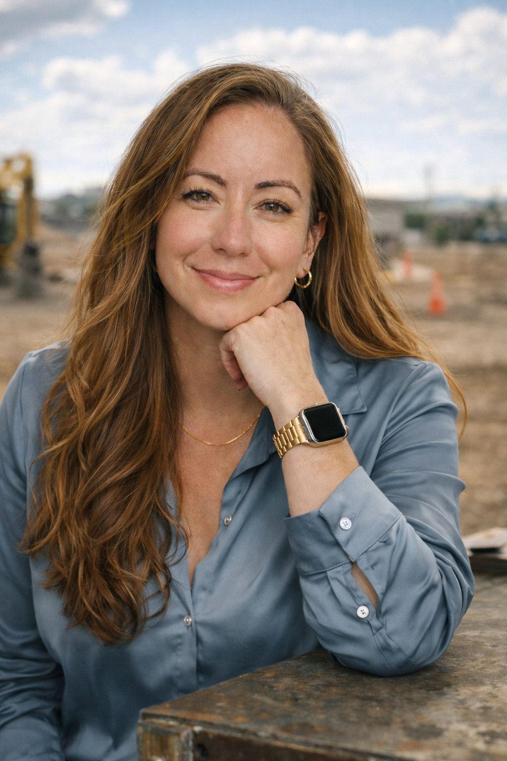 A woman with long, wavy red hair, gold hoop earrings, and wearing a gold watch and a gray button-up shirt, smiling and resting her chin on her hand at an outdoor construction site.