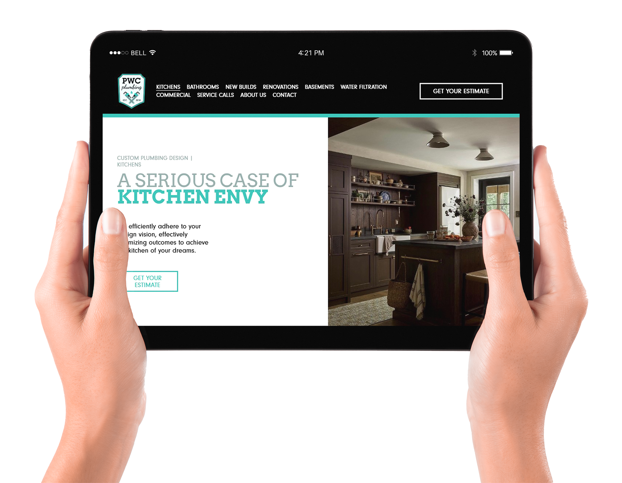 PWC Plumbing displayed on an iPad for residential plumbing services in Springwater, Ontario.