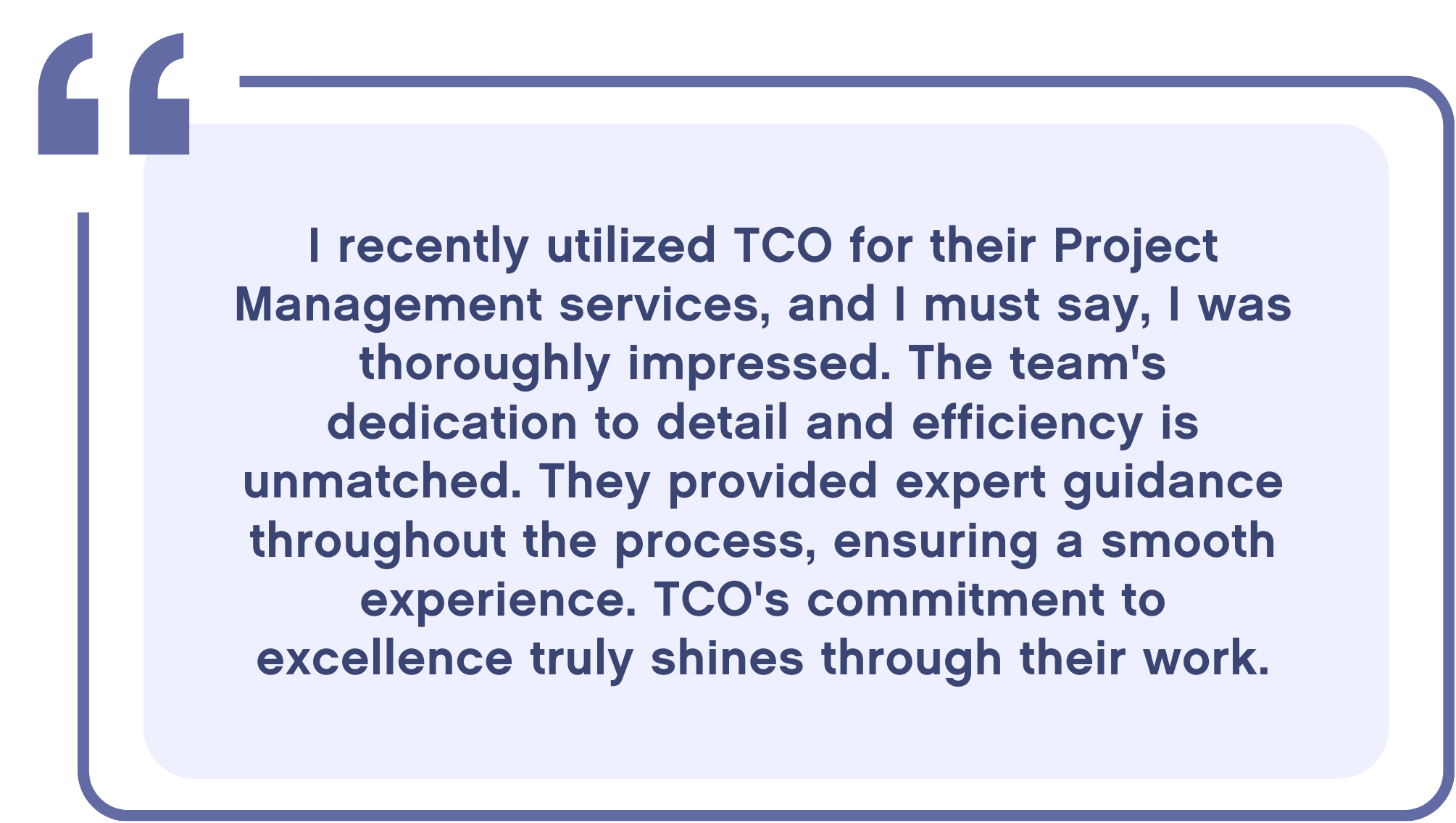 Customer review quote about TCO services with praise for project management, team dedication, guidance, and commitment to excellence.