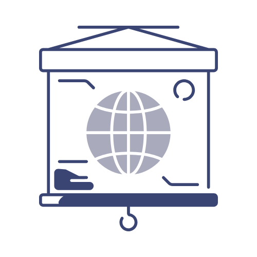 Icon of a projector screen displaying a globe, with a hanging hook at the top, representing a presentation or global communication.