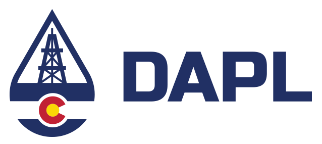 Logo of DAPL, featuring an oil drilling rig within a triangular shape and the letters 'DAPL' next to it.