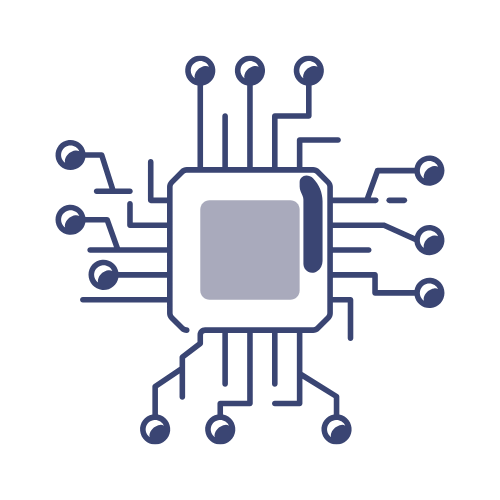 Illustration of a microchip with multiple electronic circuits extending outward.