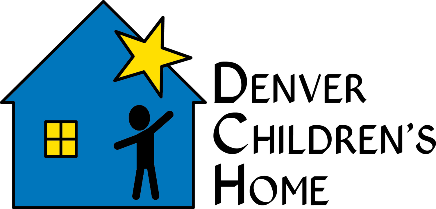 Logo of Denver Children's Home, featuring a blue house with a yellow window, a stick figure, and a star.