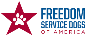 Logo of Freedom Service Dogs of America featuring a red star with a paw print in the center and text in blue and red.