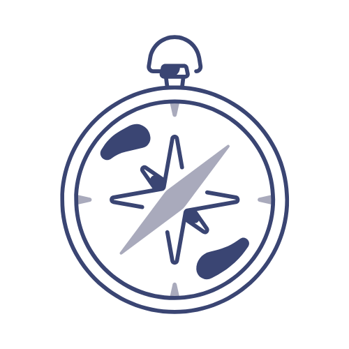 Icon of a compass with a stylized design on a black background.