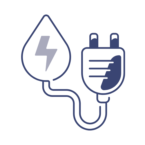 Illustration of a power plug connected to a water droplet with a lightning bolt inside, representing electrical energy and water or power sources.