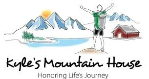Illustration of a person with arms raised in front of mountains, a lake, and a cabin, with the text 'Kyle's Mountain House' and 'Honoring Life's Journey'.
