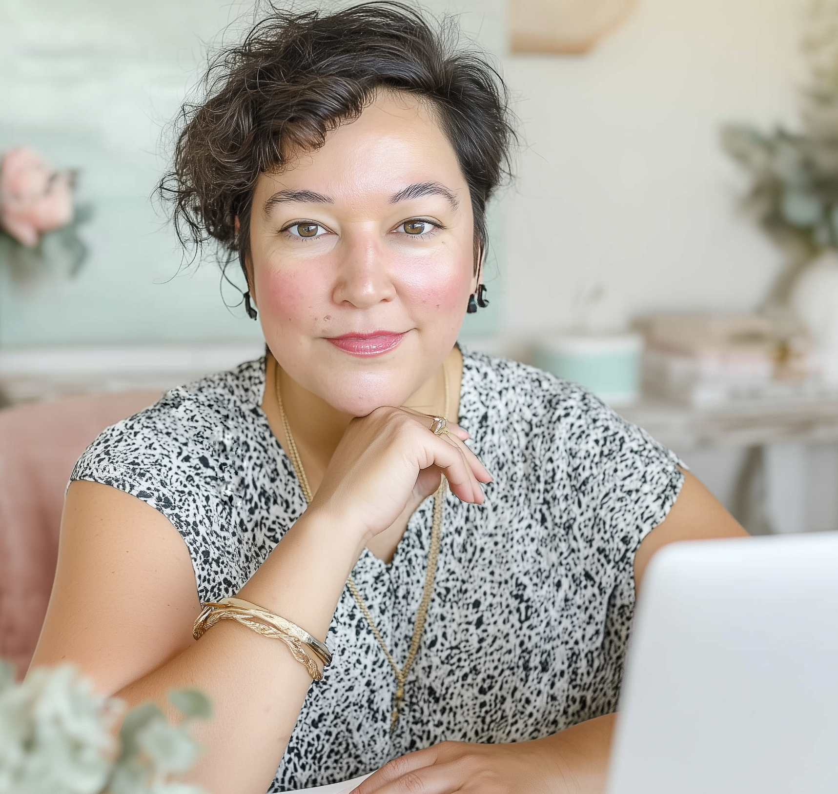 A woman with short, dark, wavy hair and light skin, smiling softly and resting her chin on her hand, sitting at a desk with a white laptop in a light-colored room with floral decor.