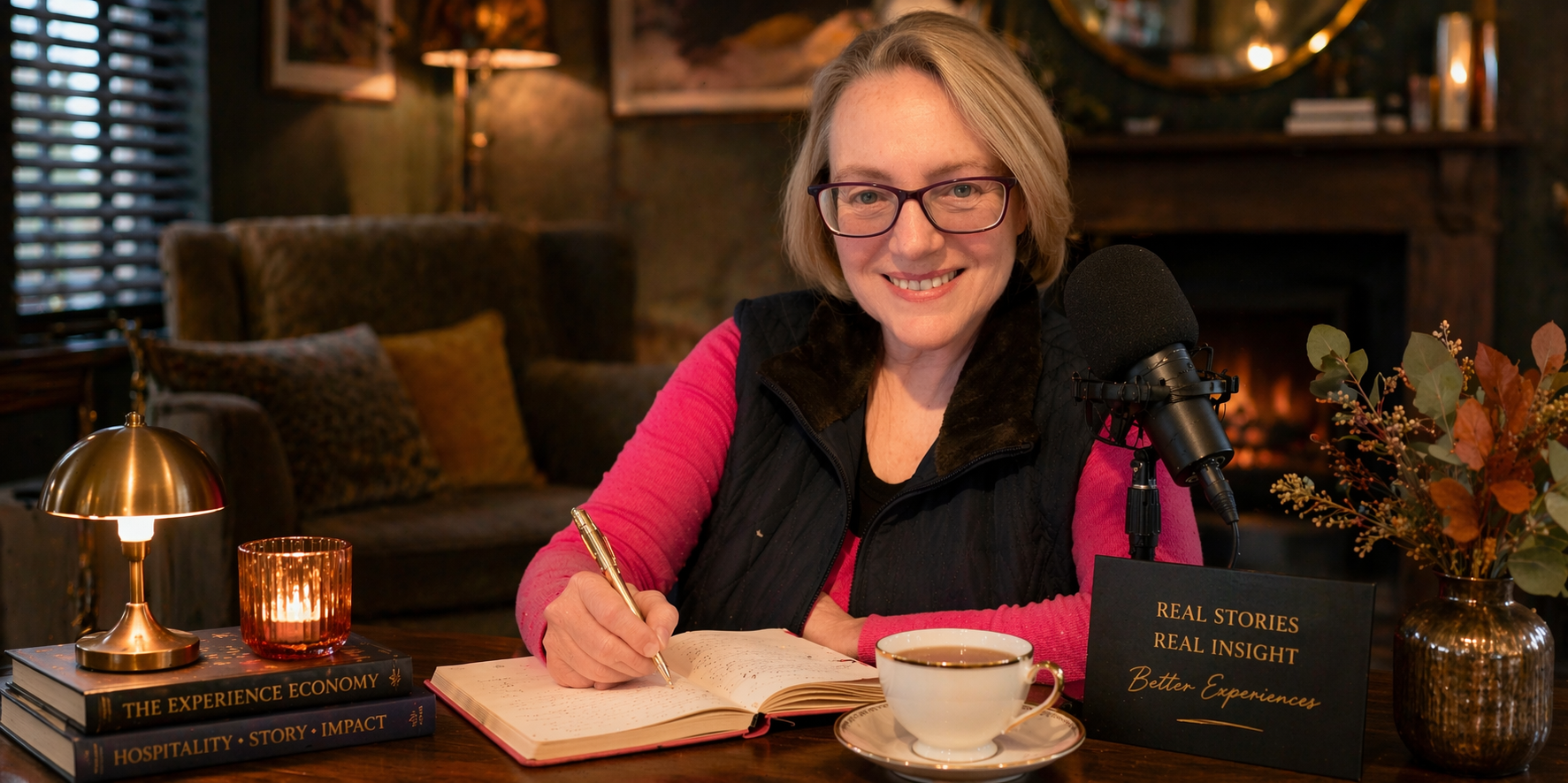 A woman with glasses sitting at a desk, smiling, with a microphone nearby, a cup of coffee, a notebook, and a stack of books on topics like the experience economy and hospitality. The setting appears cozy and warmly lit.