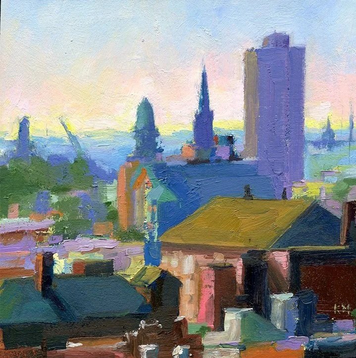 View of South Philly, 6 x 6 inches, oil on treated paper, $400 Framed (F.A.N. Gallery)